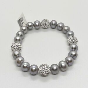 8-9mm Grey Freshwater Pearl Disco Ball Crystal Stretch Bracelet